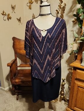 Navy & Rose Gold Sparkle V-Neck Women's Dress